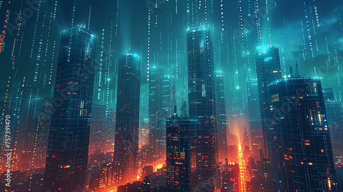 Futuristic cityscape with towering skyscrapers, represents a different sector of the economy - finance, technology, manufacturing