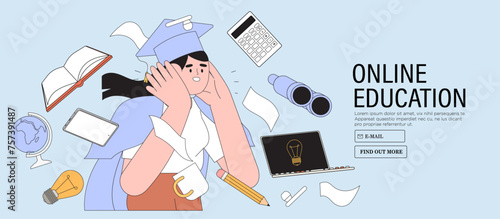 Student learning online in university or educational classes. Studying character with exercise books vector illustration. Self-development or training, seminar, back to school, online course concept.