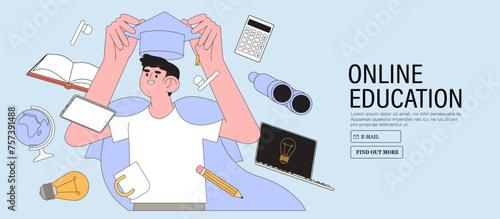 Student learning online in university or educational classes. Studying character with exercise books vector illustration. Self-development or training, seminar, back to school, online course concept.