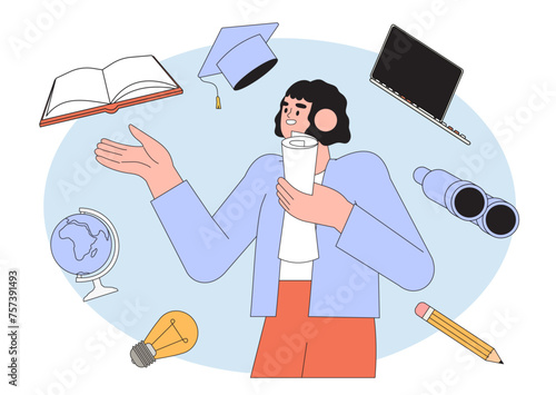 Student learning online in university or educational classes. Studying character with exercise books vector illustration. Self-development or training, seminar, back to school, online course concept.