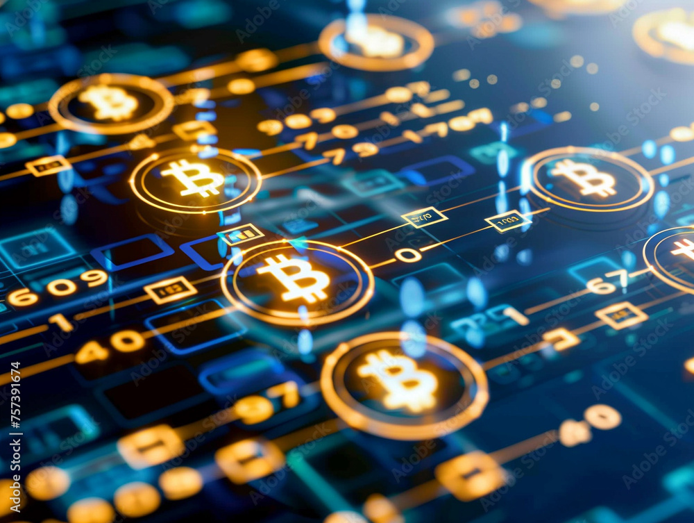 Bitcoin symbols on a digital blue circuit board, illustrating cryptocurrency technology. Bitcoin symbols on a digital blue circuit board, illustrating cryptocurrency technology.