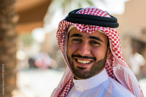 Smiling arab businessman in suit. Local portrait. Generate Ai