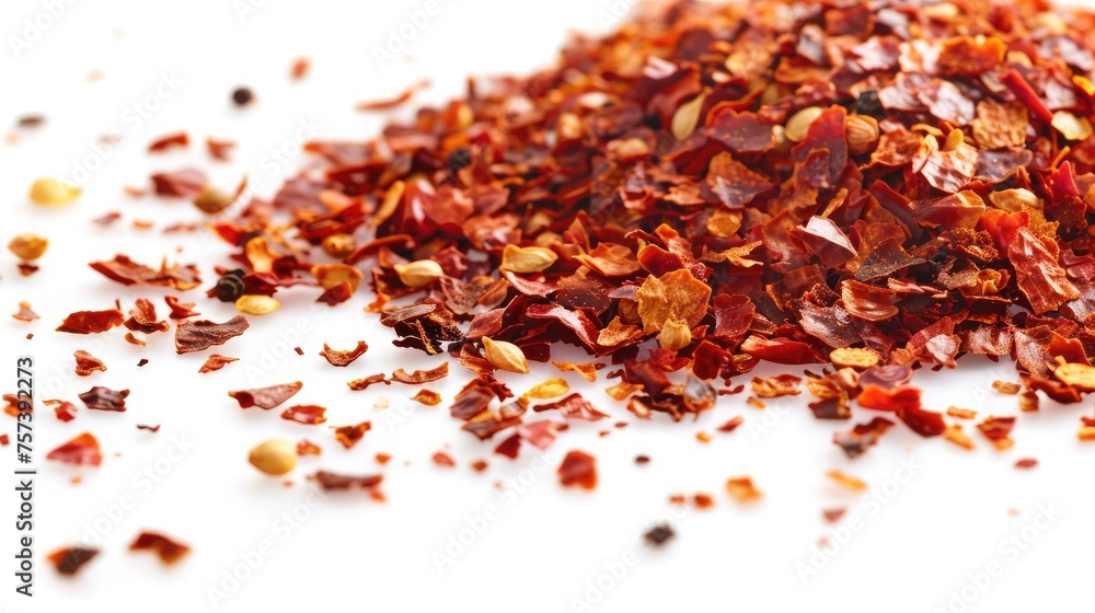 Concept of chopped spicy red peppers, pile of dried paprika isolated on white. Concept of chopped spicy red peppers, pile of dried paprika isolated on white.