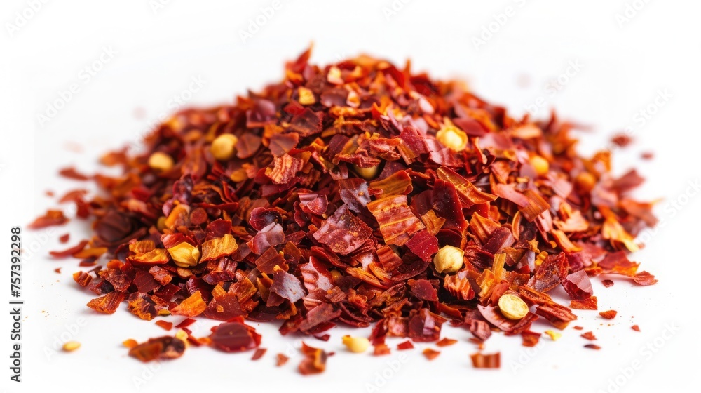 Concept of chopped spicy red peppers, pile of dried paprika isolated on white. Concept of chopped spicy red peppers, pile of dried paprika isolated on white.