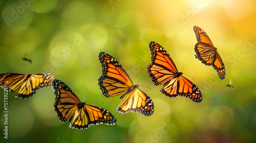 Monarch butterflies in flight on a sunny backdrop