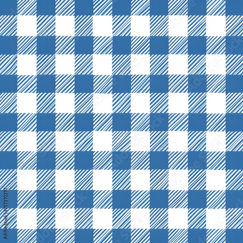 Blue Gingham Style Pattern Tile Blue white gingham cloth vector. Checkered tablecloth pattern. Traditional plaid seamless vector texture. Gingham plaid pattern. 