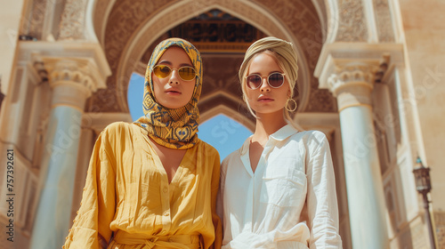 Two young women, one in a hijab and one in a turban, pose with sunglasses against an ornate Islamic archway..