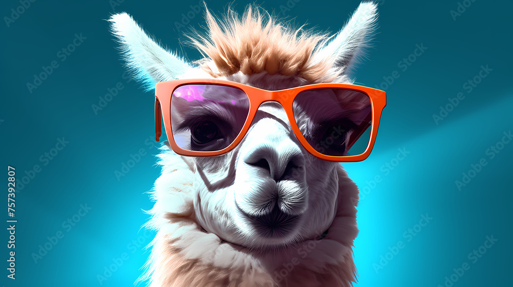 A stylish llama wearing sunglasses against a vibrant background A stylish llama wearing sunglasses against a vibrant background
