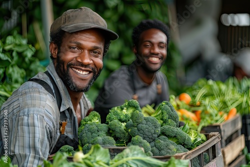  Two diverse workers on the farm pass a crate full of fresh raw veggies and work on a farm together. 