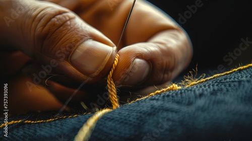 selective focus closeup of hands with needle sewing thread in fabric