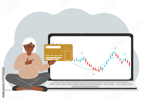 A laptop with a promo page of stock trading or trading on the stock exchange next to a woman holding a plastic card. Financial chart for buying and selling in the stock market. Vector
