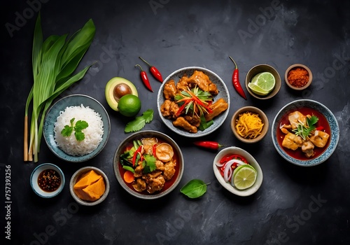 Asian food background with various ingredients on rustic stone background , top view. Thai cuisine.