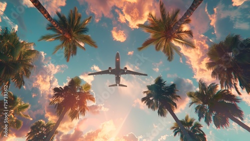 Plane flying above the palm trees © kukichart