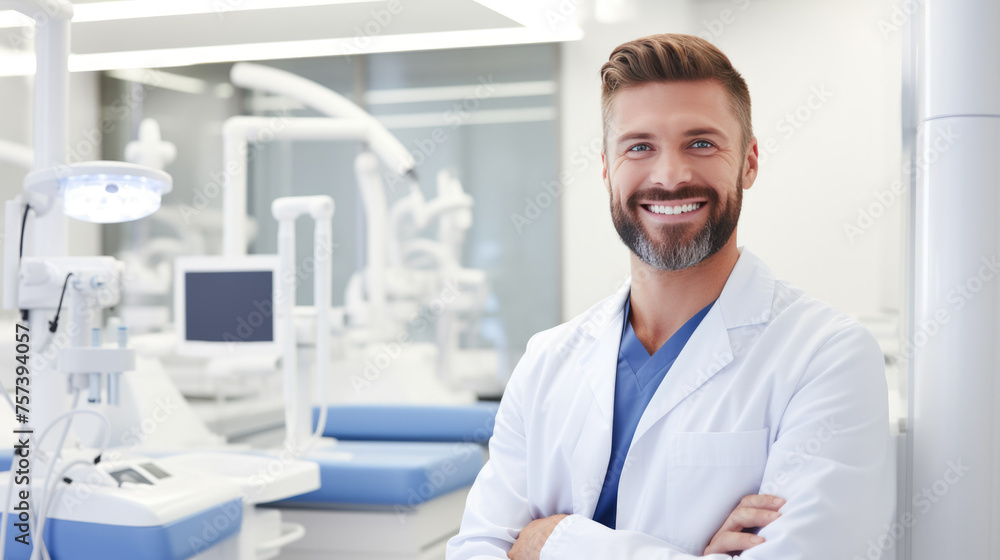 Cheerful dentist man wearing a lab coat standing in a dental clinic with a dental chair and equipment in the background. Cheerful dentist man wearing a lab coat standing in a dental clinic with a dental chair and equipment in the background.