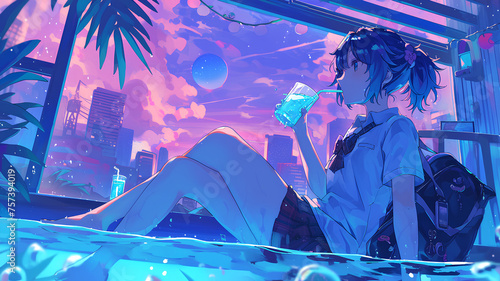 anime office shirt girl soaking while drinking in the swimming pool. Fresh atmosphere © Adja Atmaja