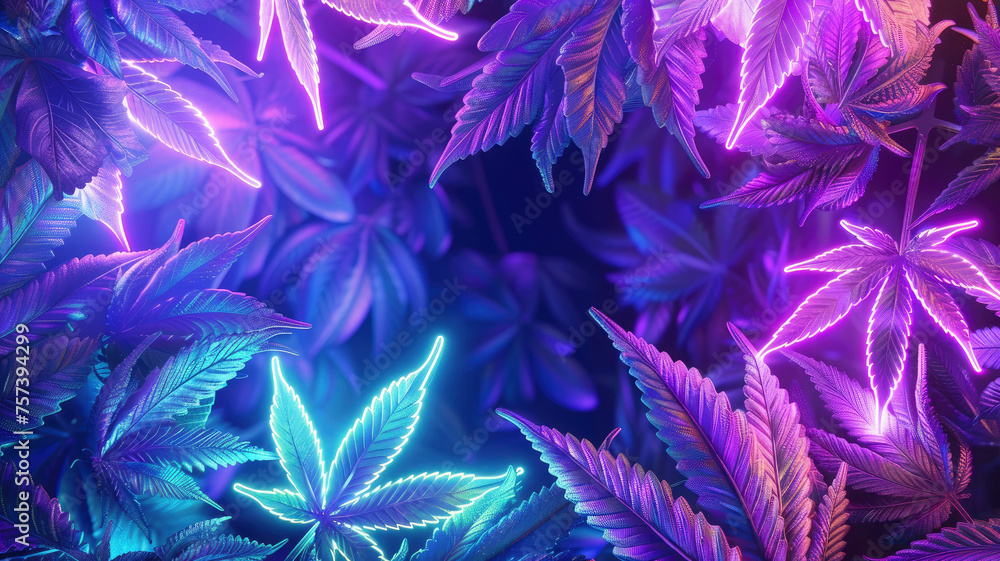 neon frame purple cannabis leaves bright cannabis weed - obrazy, fototapety, plakaty 