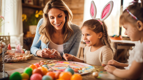Portrait of a woman and a young child with bunny ears  smiling and engaging in Easter festivities  likely painting Easter eggs