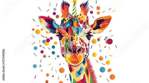 Funny cartoon party giraffe head isolated over white background. Colorful joyful greeting card for birthday or other festive events.