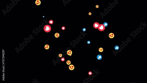 Social media emojis of heart eyes smilies, likes, hearts animation exploding on transparent background, 4k alpha channel