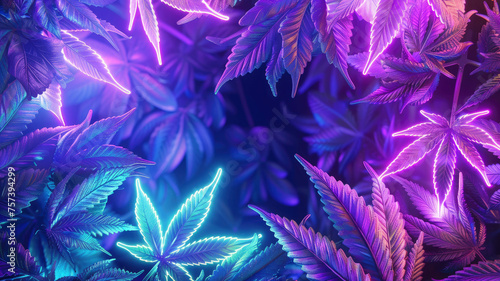 neon frame purple cannabis leaves bright cannabis weed photo