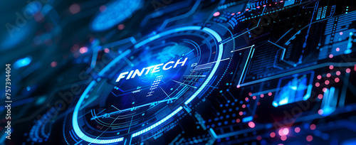 Abstract futuristic circle with elements representing financial technology, business and online money trading on a virtual screen background with the text "FINTECH"