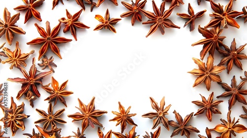 Anise stars frame and border isolated on white, top view 