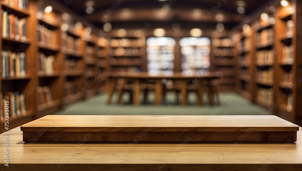 Empty wooden table for product display with blurry library background