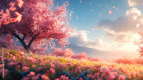 vibrant spring landscape florals, sakura tree, springtime nature