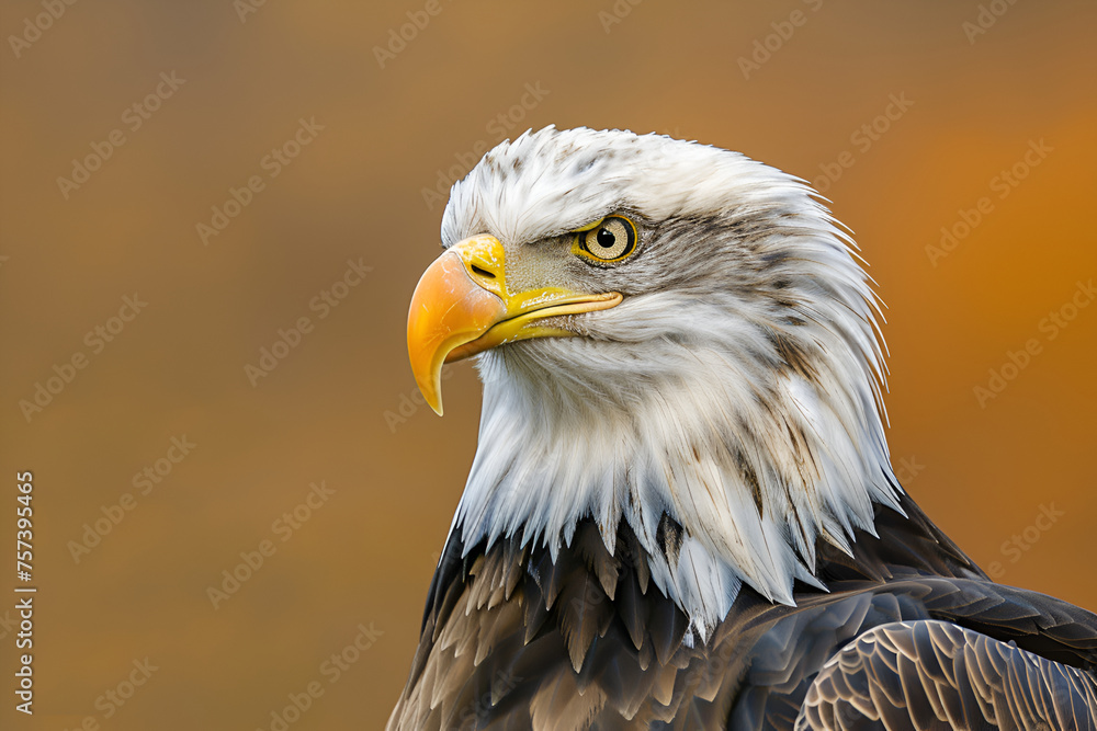 Fototapeta premium A majestic bald eagle close-up, its piercing gaze and intricate feather details highlighted against a soft, muted background