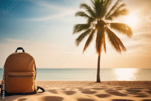 backpack on the beach under a palm tree, with the coastline and sea in the background. Rays of the sun in the frame. It's time for vacation 2024, tourist season.