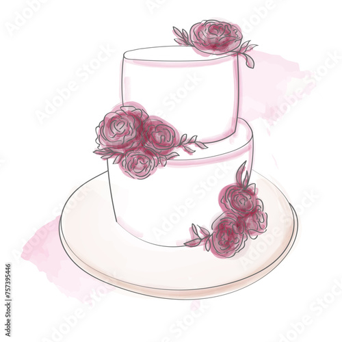 A hand-painted watercolor drawing of a wedding cake adorned with delicate roses. The intricate details and vibrant colors bring this artistic rendition to life