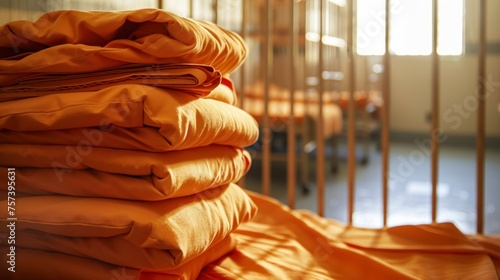 orange prison suit folded washed inside the prison in a cell