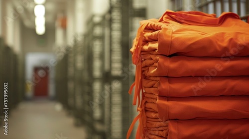 Folded orange prison suit washed inside the prison in a cell in high resolution and high quality. prison clothing concept