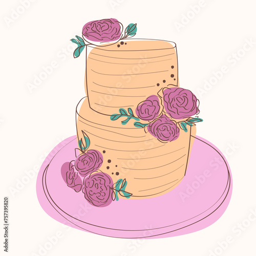 A two-tiered cake decorated with hand-painted flowers on the top layer. The cake appears to be intricately designed and visually appealing