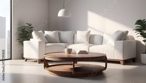  Round wood coffee table near grey corner sofa in room with white wall. Minimalist  loft home interior design of modern living room.