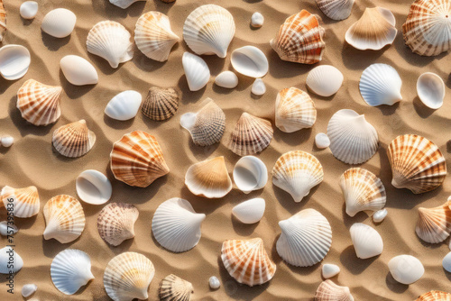 background depicting shells, starfish and mollusks. Coast and shallow waters. Free space for text.
