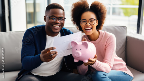 Cheerful senior couple sitting closely together on a sofa, holding a piggybank, symbolizing financial security and savings in their retirement years.
