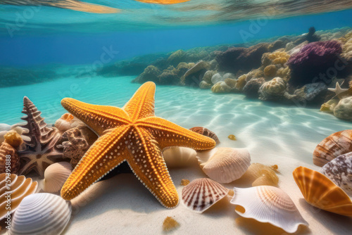 starfish underwater in shallow water. The underwater world during diving and snorkeling.