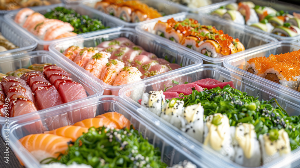 An assortment of sushi varieties in transparent containers for on-the-go convenience