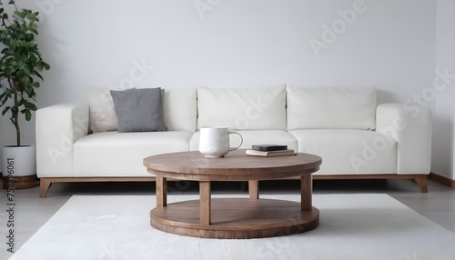  Round wood coffee table near grey corner sofa in room with white wall. Minimalist, loft home interior design of modern living room. © Gia