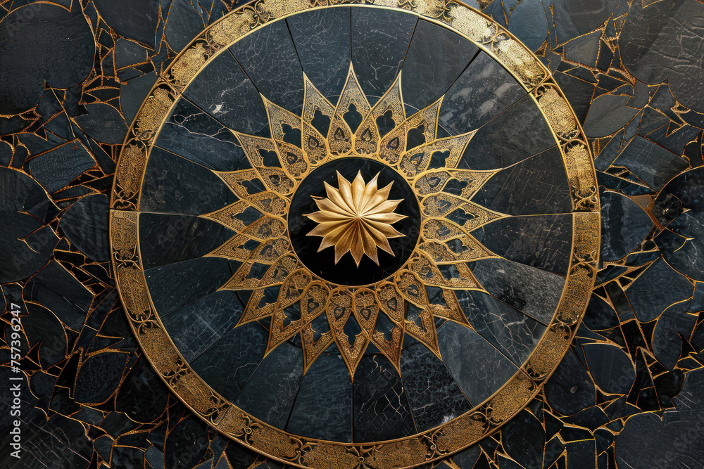 Obraz premium elegant golden compass rose design on cracked black marble texture, islamic ceiling design