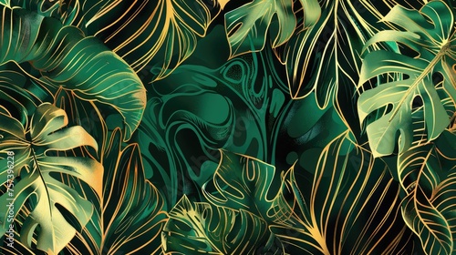 Golden leaf philodendron with monstera plant art, golden green background and elegant nature.