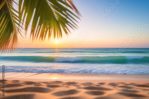 sandy beach and coastline with beautiful blue water. Rays of the sun and palm branches in the frame. Sunset sky and small clouds. It's time for vacation 2024, tourist season. © Павел Чепелев