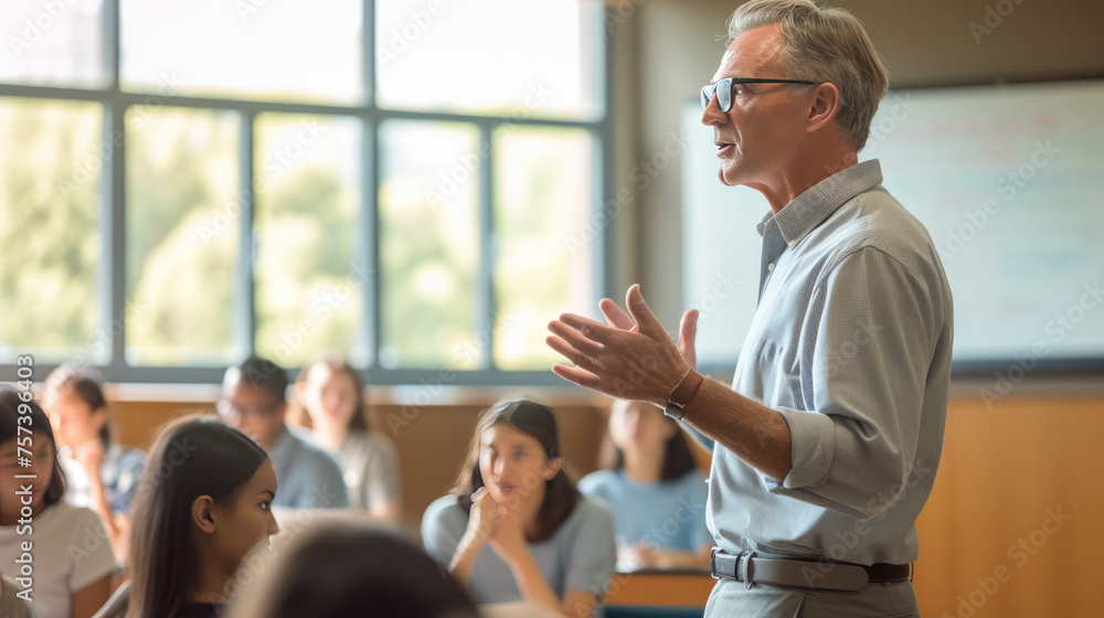 Male teacher engaging with a classroom of diverse students Male teacher engaging with a classroom of diverse students