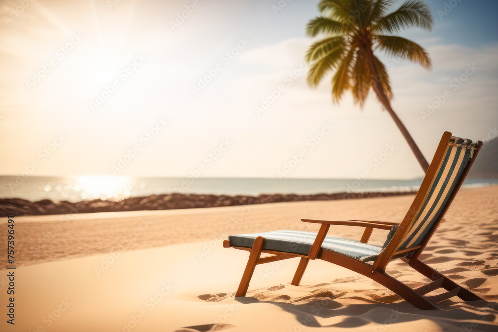 sun lounger on the beach under a palm tree, in the background there is a coastline with turquoise water. Rays of the sun in the frame. It's time for vacation 2024, tourist season.