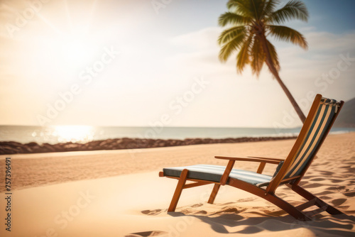 sun lounger on the beach under a palm tree  in the background there is a coastline with turquoise water. Rays of the sun in the frame. It s time for vacation 2024  tourist season.