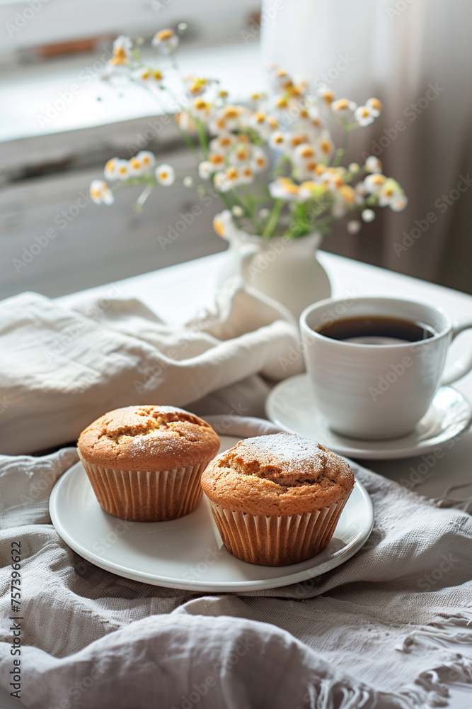 Cozy breakfast scene with muffins and coffee, ideal for home and food themes. Cozy breakfast scene with muffins and coffee, ideal for home and food themes.