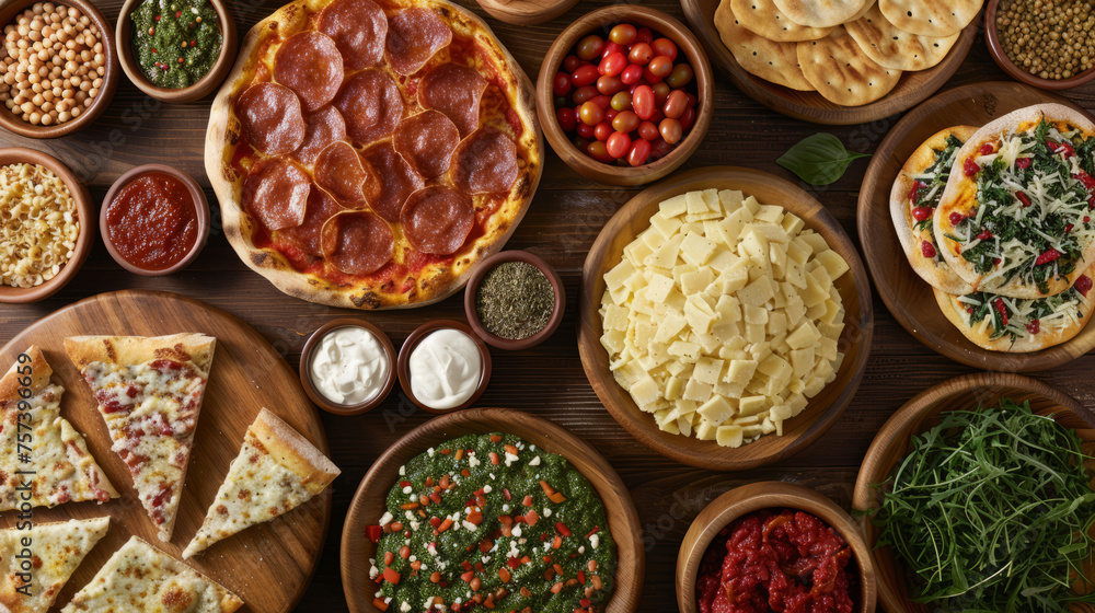 A variety of pizzas with different toppings along with bowls of ingredients like olives, cheese, and herbs A variety of pizzas with different toppings along with bowls of ingredients like olives, cheese, and herbs