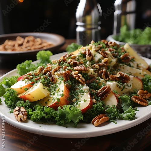 Argula, pear and nuts salad photo