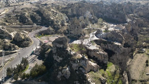 Drone view of fairy chimneys in Cappadocia Goreme Open Air Museum on a sunny day.